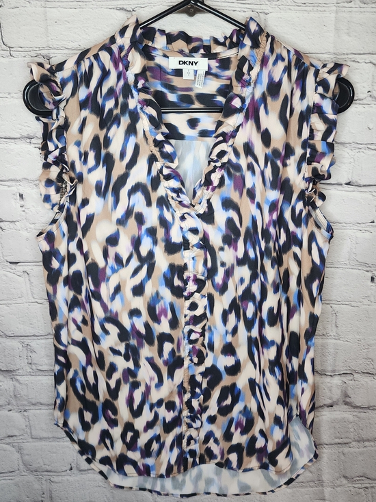 Dkny Tops - DKNY Beige Leopard-Print Ruffle Sleeveless Blouse with Blue & Purple Accents